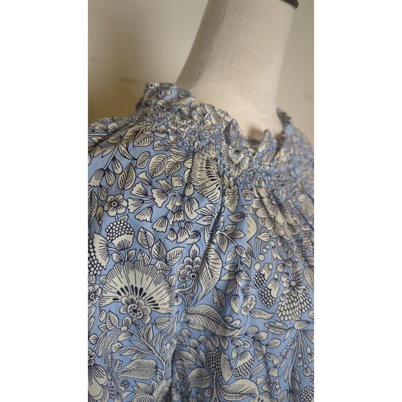 Blue Floral Smocked Neck Peasant Blouse  Boho Cottagecore Long Sleeve Top - Picture 4 of 8